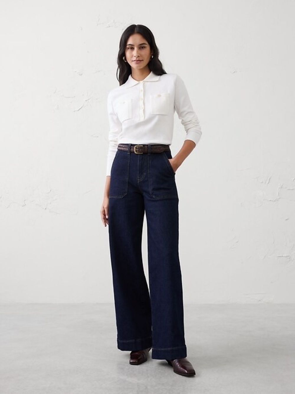 Banana Republic Wide-Leg High-Rise Jeans Dark Wash Patch Pocket 30 Tall